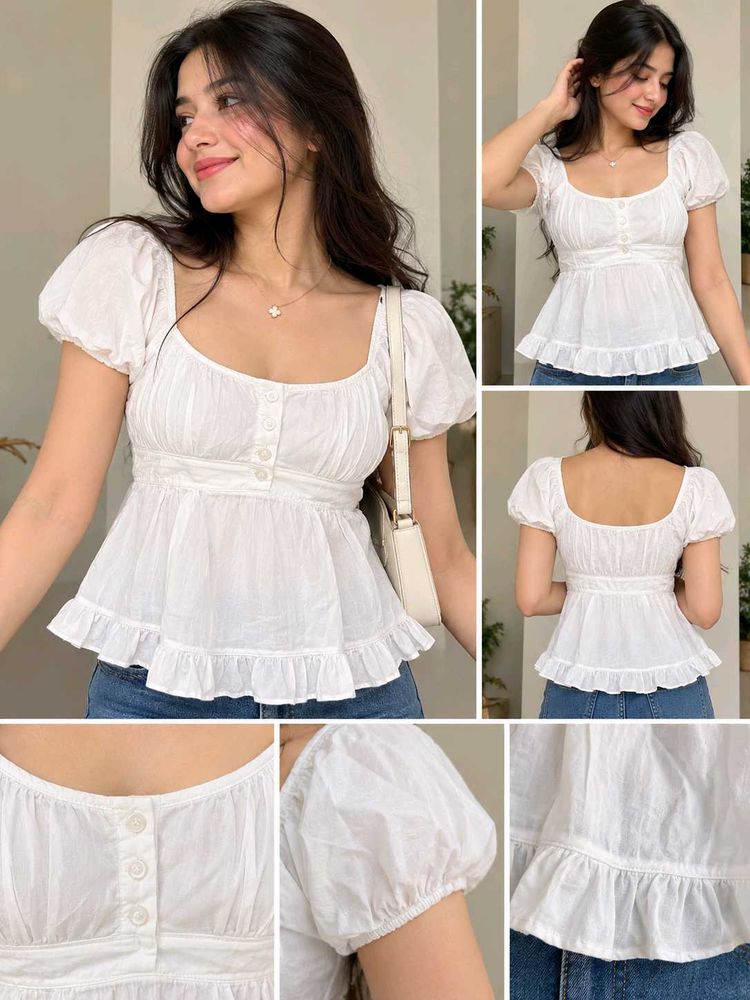 Chic White Peplum Top with Puff Sleeves