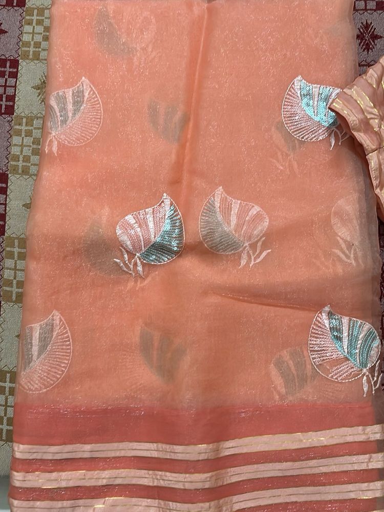 Elegant Peach Embroidered Saree