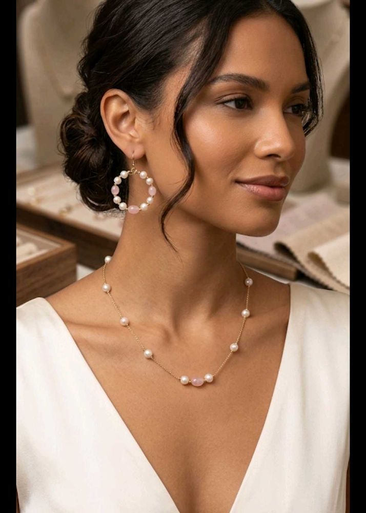 Elegant Pearl &amp; Rose Quartz Necklace Set