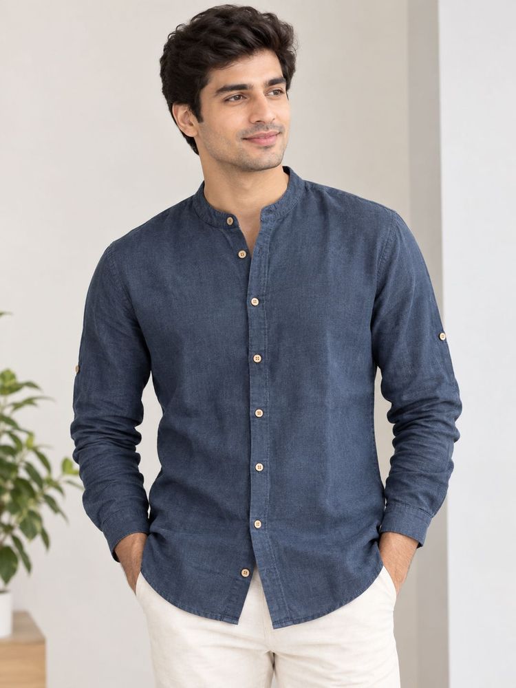 Men's Long Sleeve Band Collar Linen Shirt