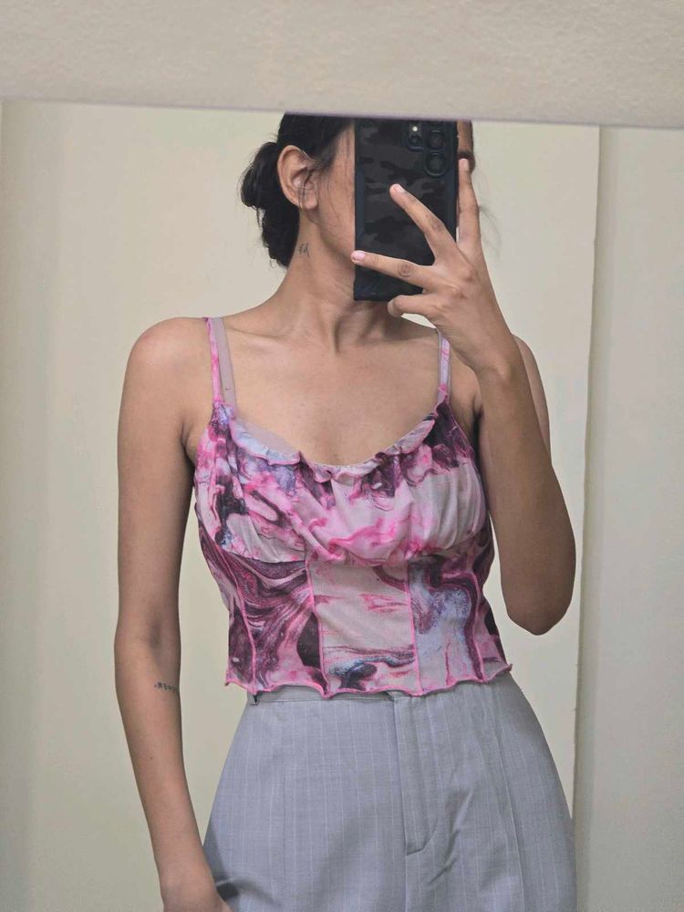 Pink Marble Print Mesh Tank Top