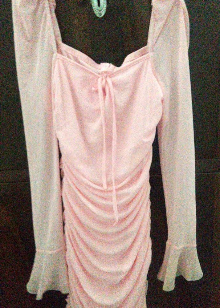 Cute Pink Ruched Mesh Sleeve Dress