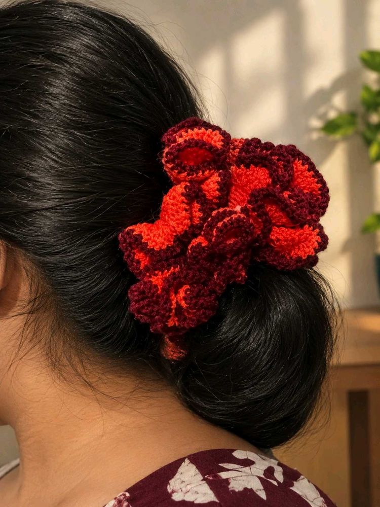Crocheted Red Flower Hair Scrunchie