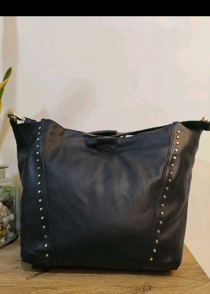 Chic Studded Black Leather Hobo Bag