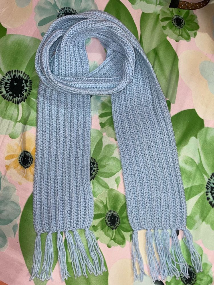 Baby Blue Knit Scarf with Tassels