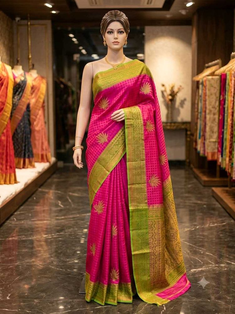 Pink &amp; Green Checked Poonam Saree