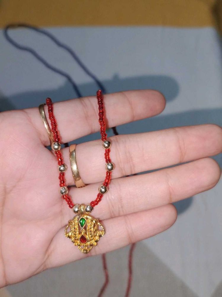 Vintage Gold Pendant Red Beaded Necklace