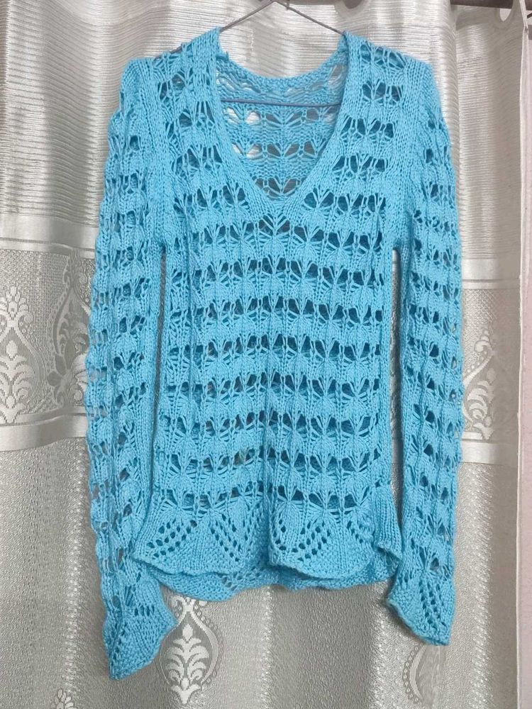Blue Knit V-Neck Sweater