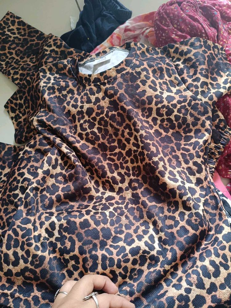 Leopard Print Short Sleeves top and full pant