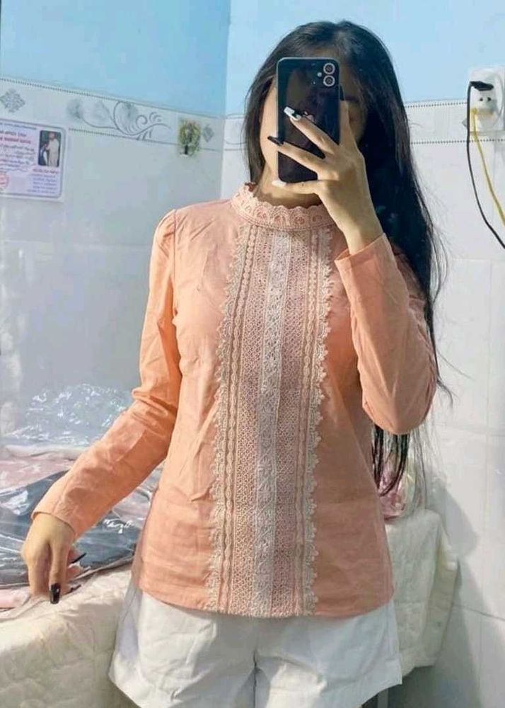 Peach Lace Trimmed Mock Neck Blouse