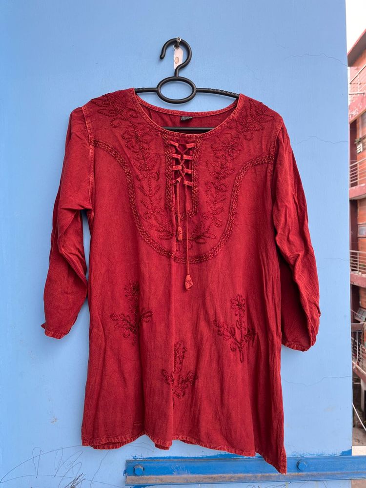 Red Embroidered Tunic Top