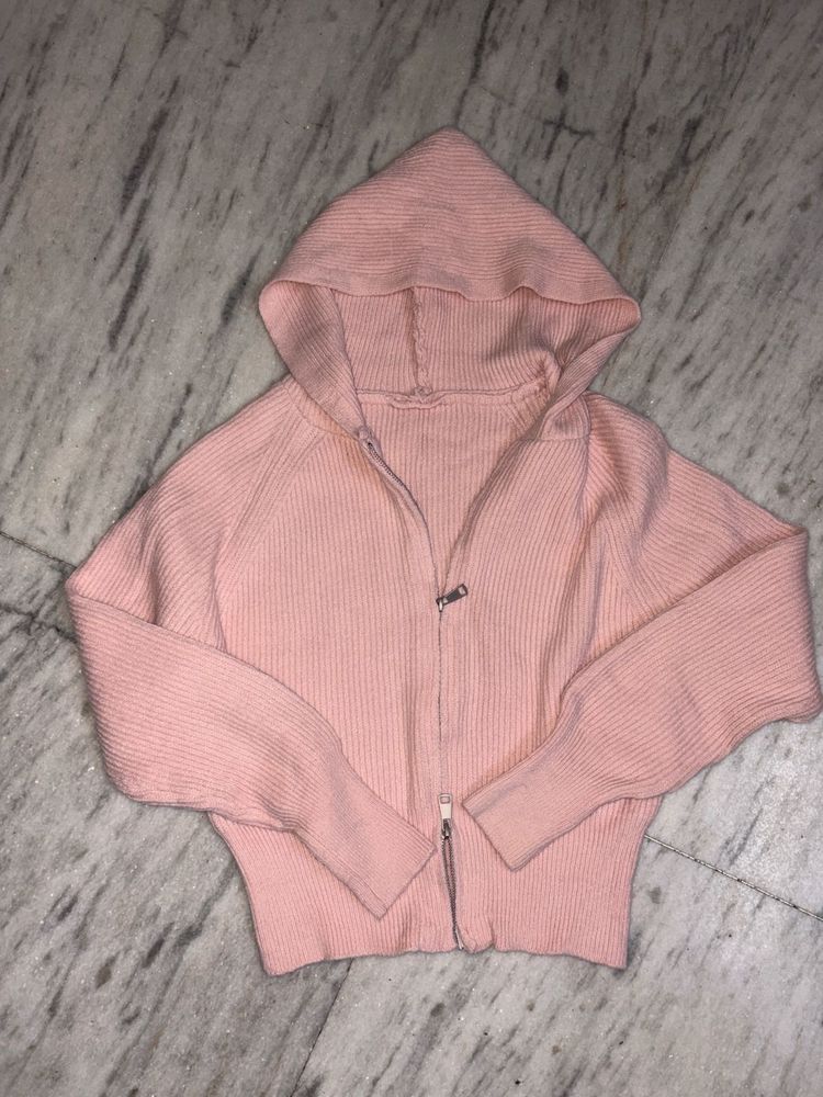 Pink Ribbed Knit Zip-Up Hoodie