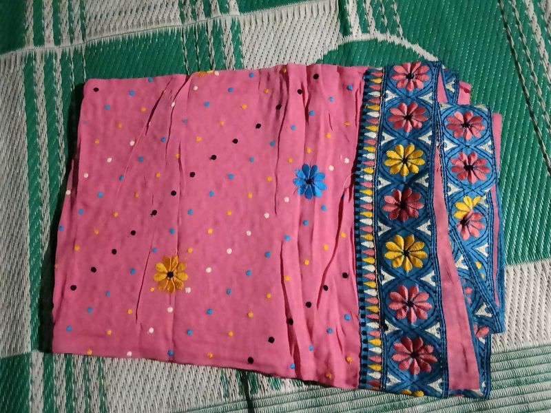 Pink pure cotton hand work saree with blue border