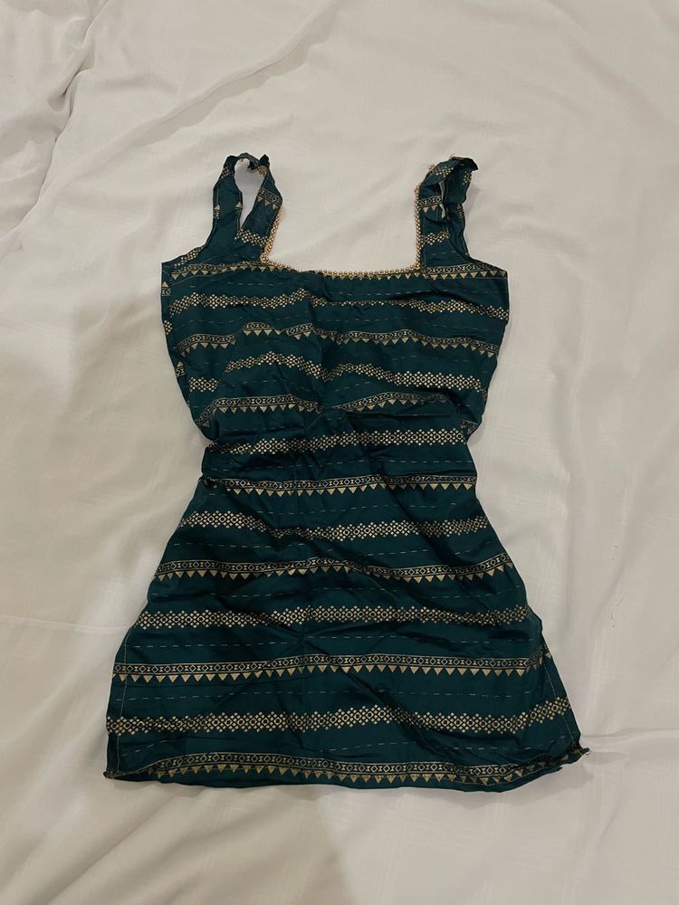 Elegant Teal &amp; Gold Embroidered short kurti