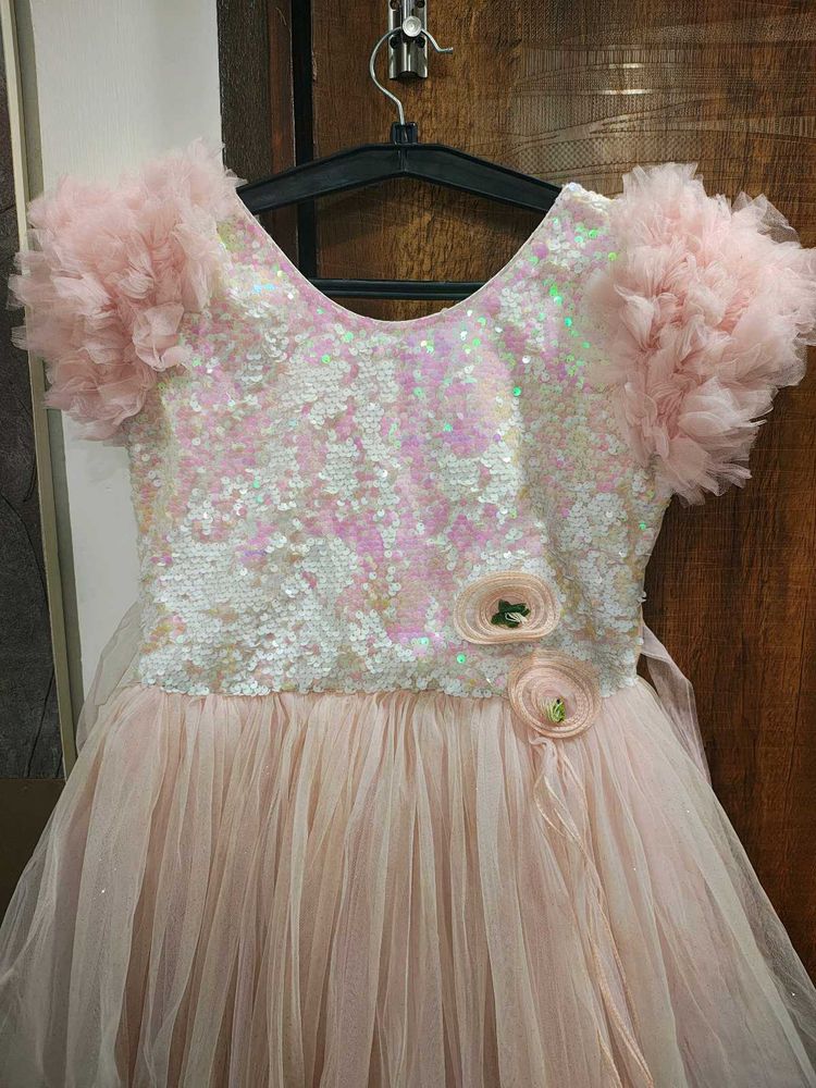 Sparkling Pink Tulle Gown with Ruffle Sleeves
