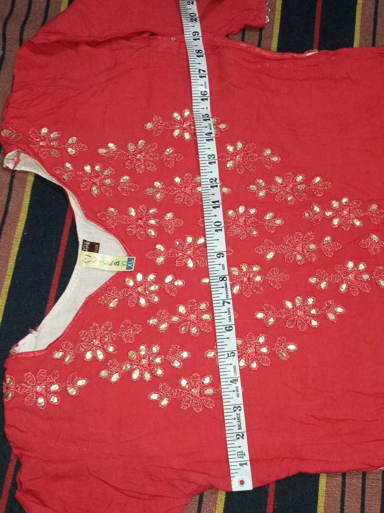 Red &amp; White Flared Kurti with Embroidery Work