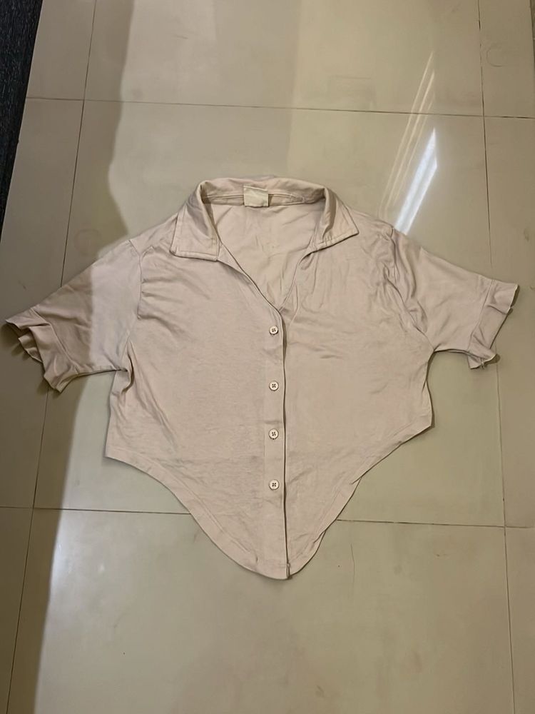 Cream Cropped Collared Button-Up Top