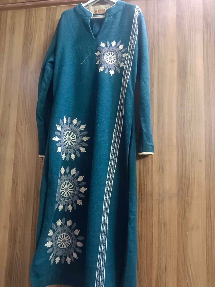 Woolen Teal Embroidered Longline Tunic