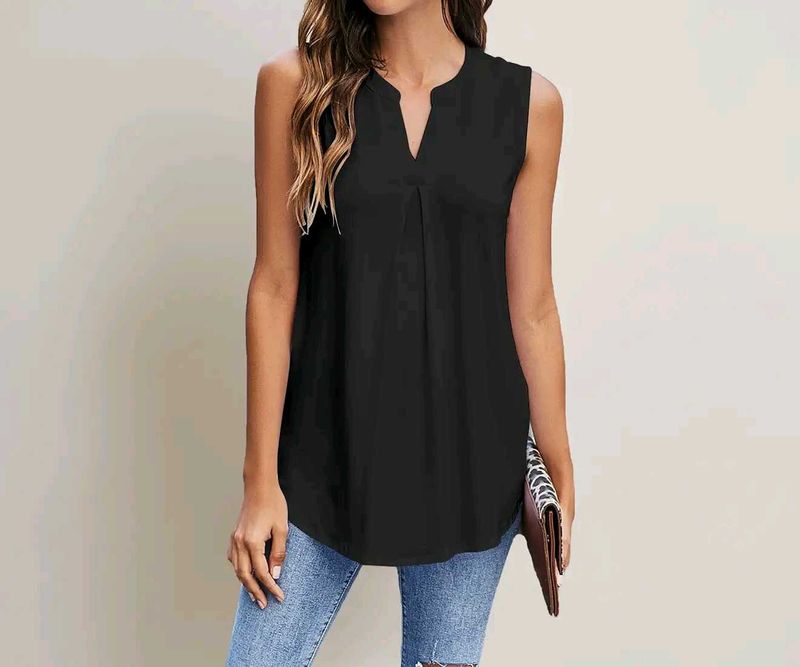 Sleeveless👗 V-Neck Black Tunic Top