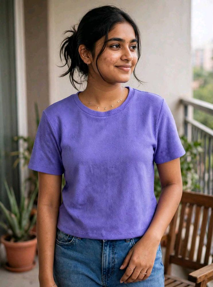 Purple Waffle Knit Cropped T-Shirt