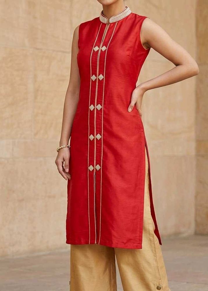 Vibrant Red Silk Kurta with Embellishments