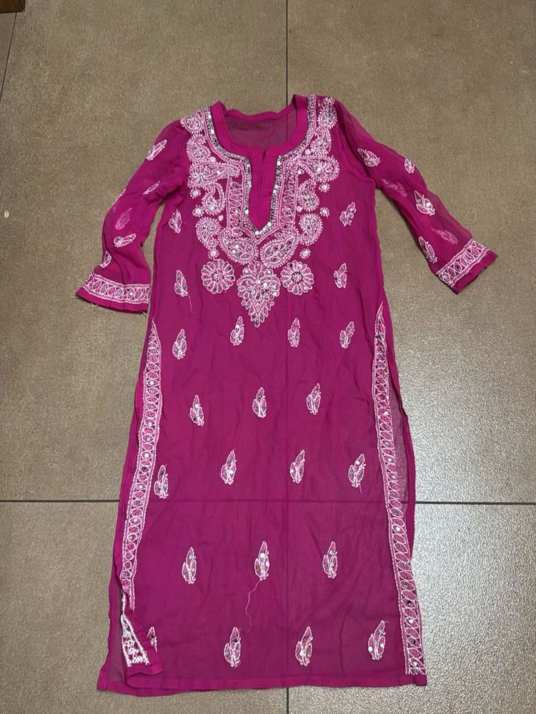 Pink mirror work Embroidered Kurta