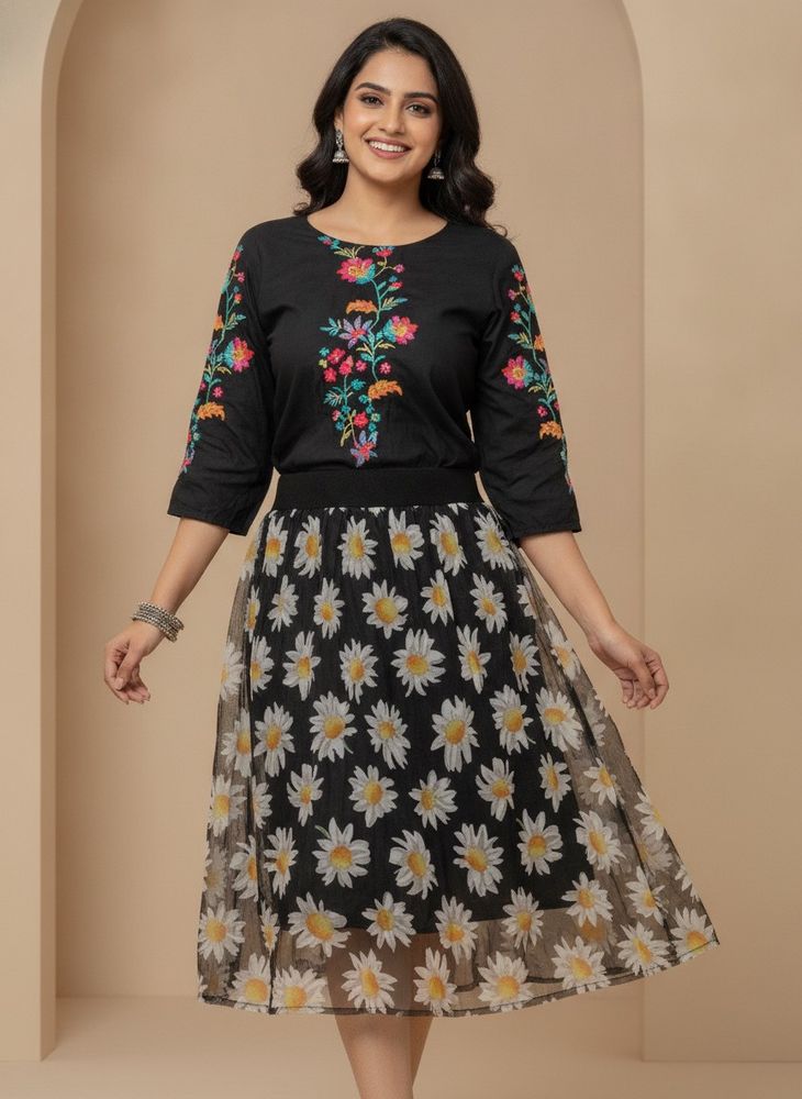 Embroidered Top &amp; Daisy organza Skirt Set