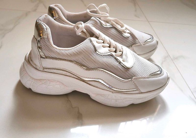 Chunky Silver White Sneakers Shoes Women