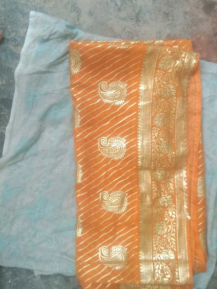 Vibrant Orange Saree with Gold Border