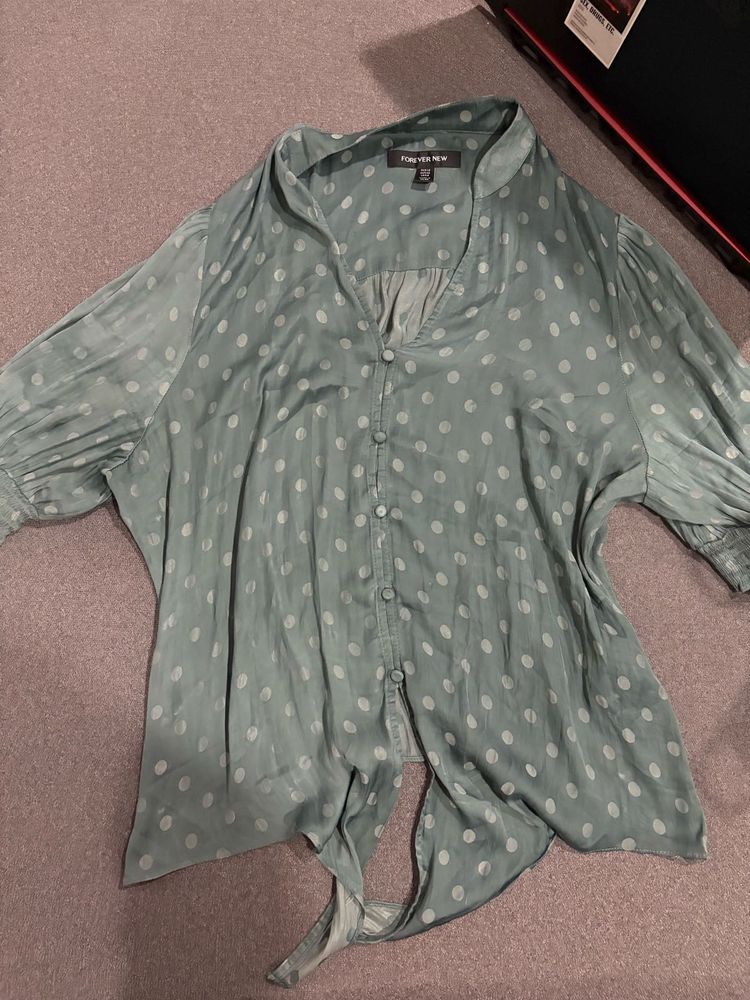 Flowy Polka Dot Tie-Front Blouse