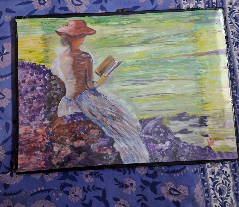 Hand Painted Serene Reading Scene Painting