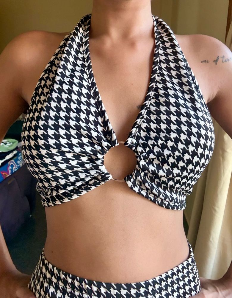 Houndstooth Halter Neck Crop Top