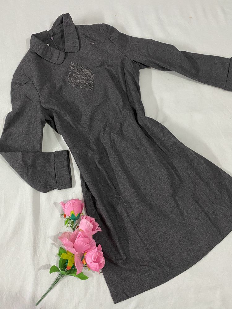 Korean Grey A-Line Dress for winter