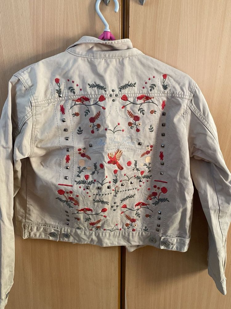 Classic Beige embroidered Denim Jacket