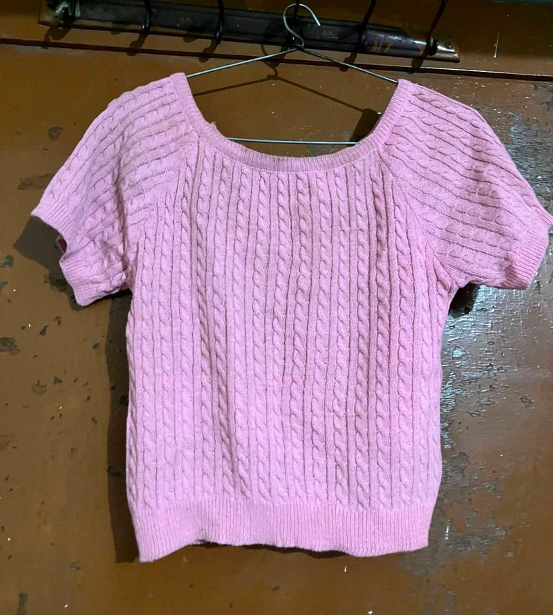 Pink Cable Knit Short Sleeve Top