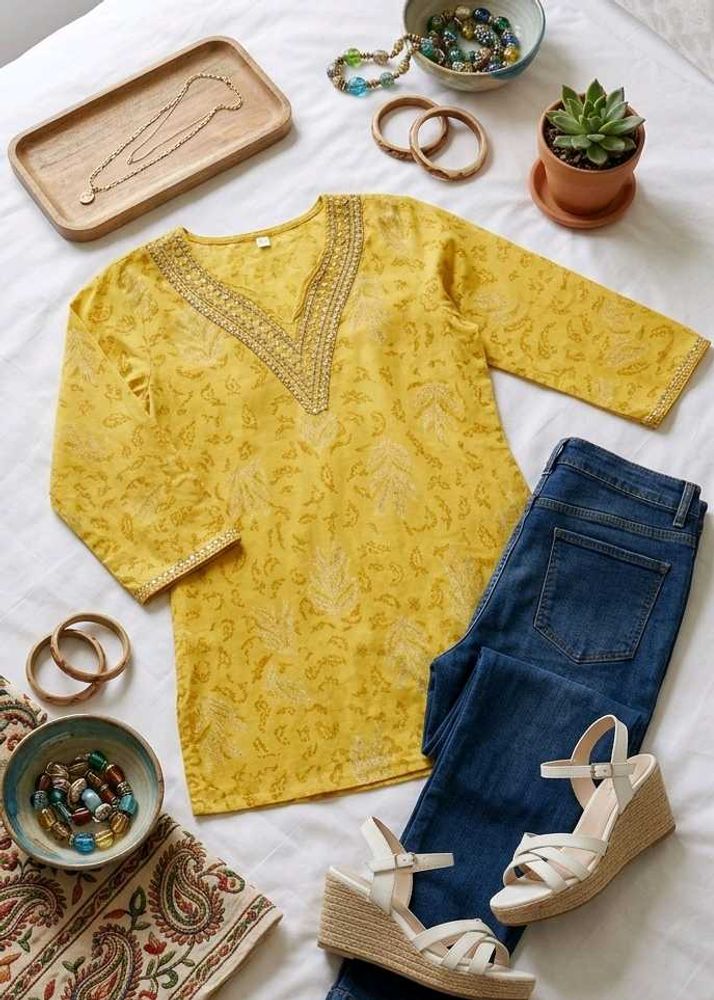 shorts kurti Sunny Yellow Embroidered Tunic Top