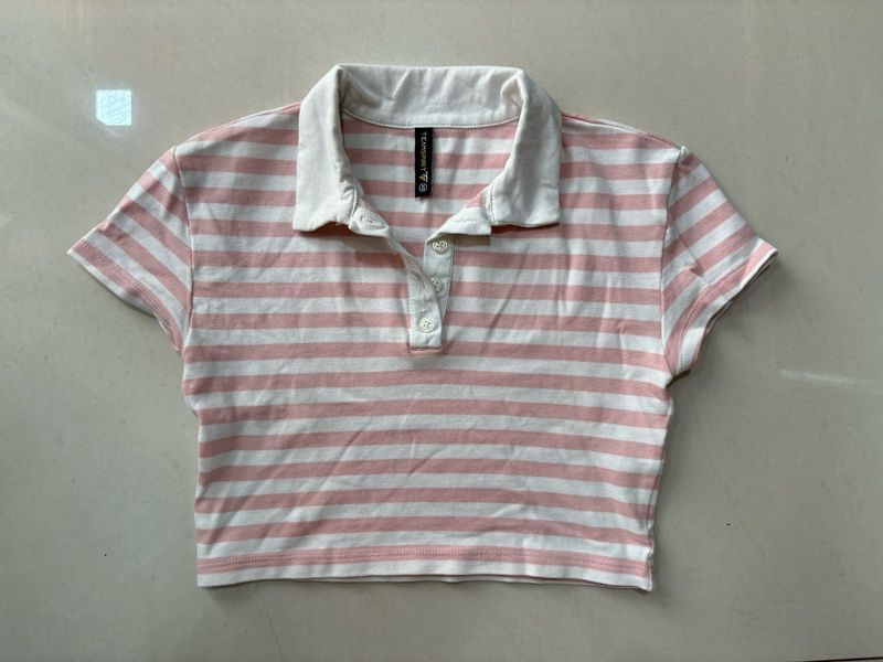Pink Striped Polo Crop Top