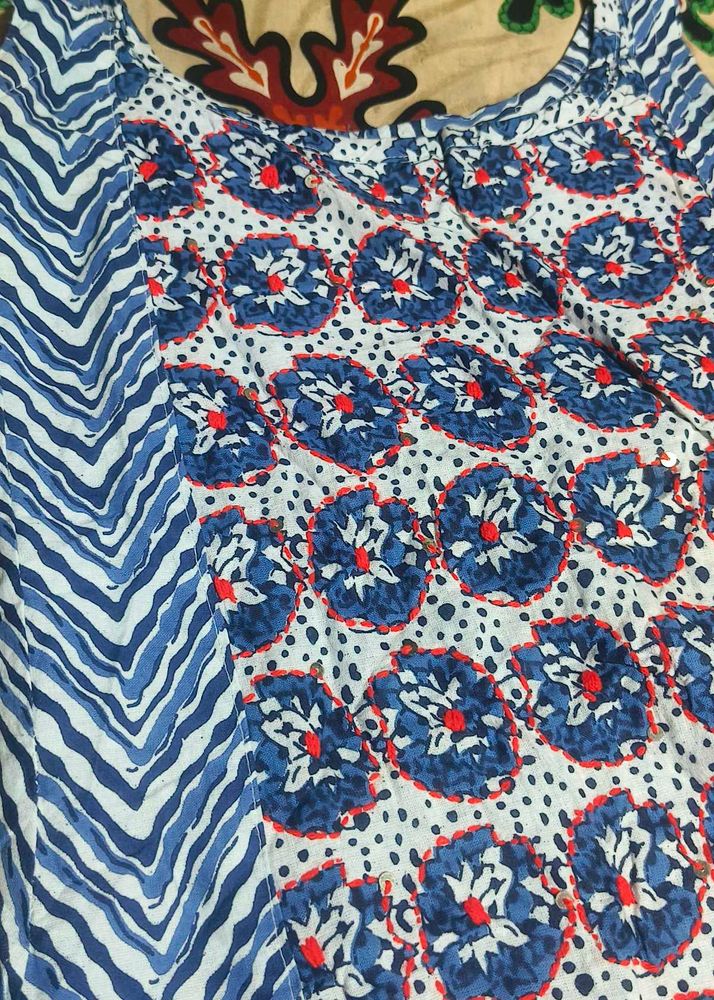 Blue Floral Print Cotton Kurta