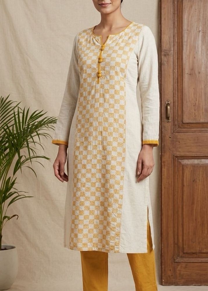 White &amp; Yellow Checkered Kurta