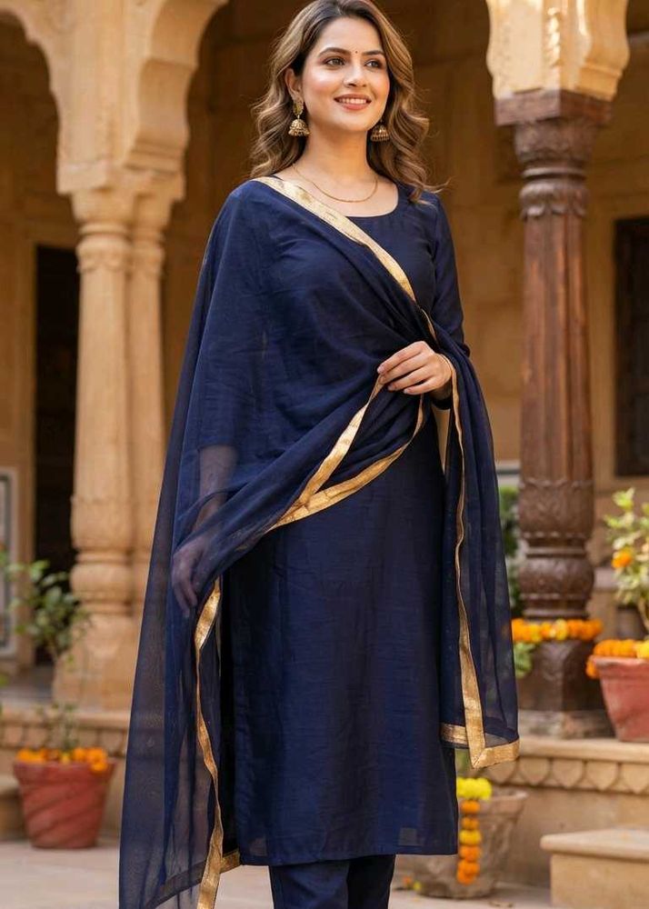 Navy Blue Dupatta with Golden Border