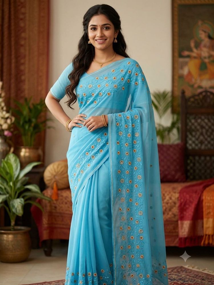 Elegant Blue Embroidered Saree