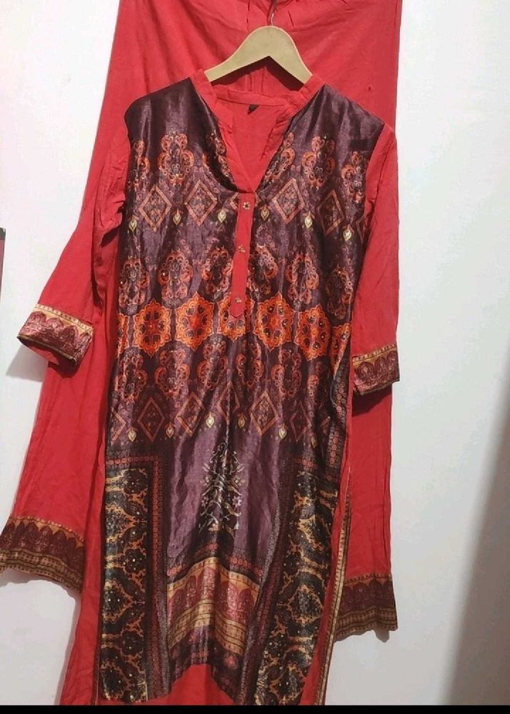 Coral &amp; Brown Kurta Plazo Set For 32 Bust