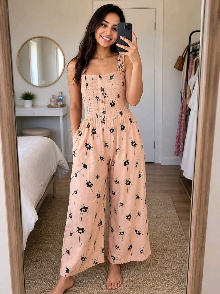Peach Floral Wide-Leg Jumpsuit