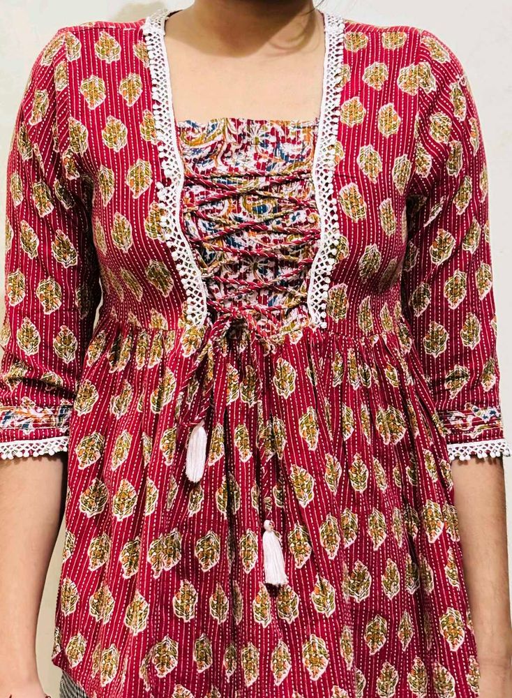 Red Printed Kurta Set with Lace Trim