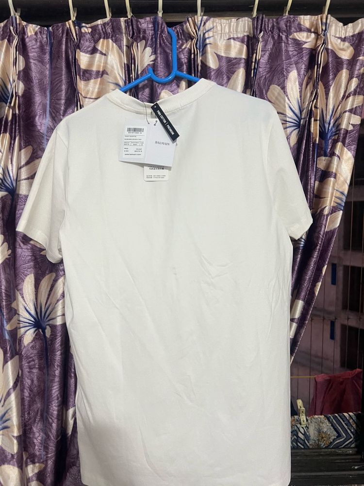 Balmain White T-Shirt with Green Logo