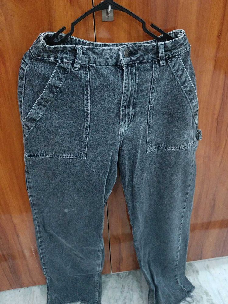 Washed Black Denim Cargo Pants