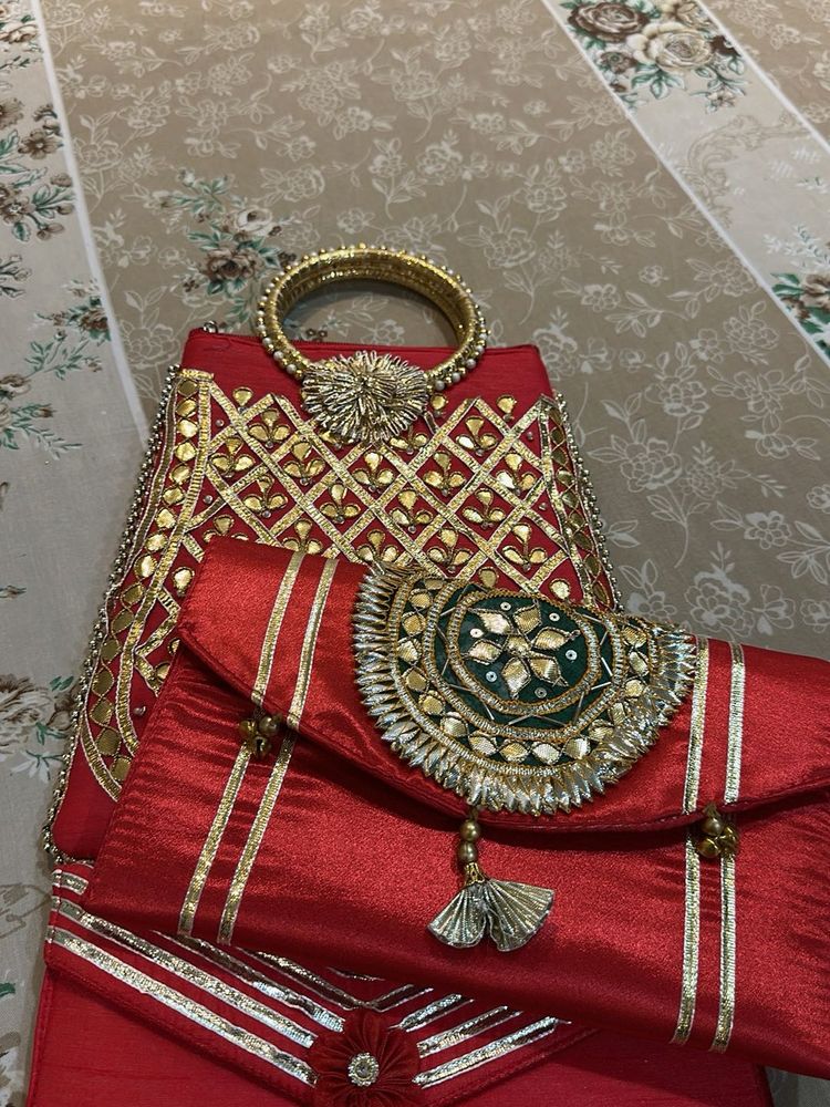 Combo of 3- Heavy Red Golden Clutch with Zari