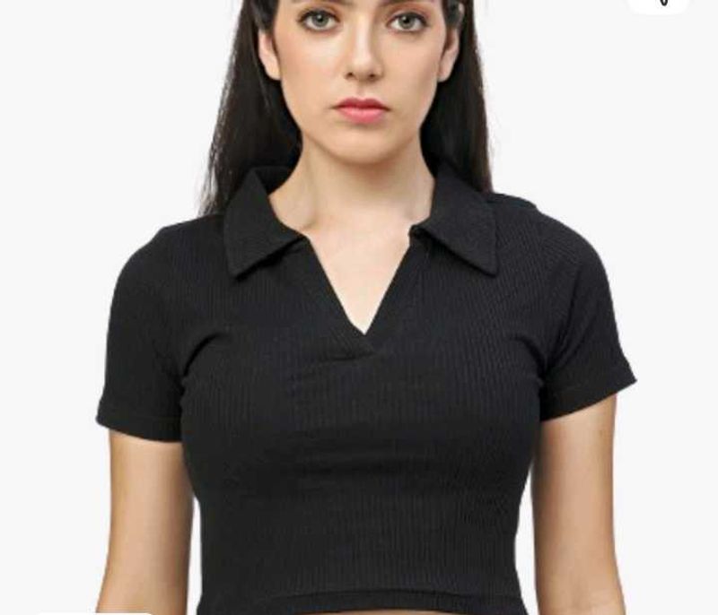 Black Ribbed Polo Crop Top
