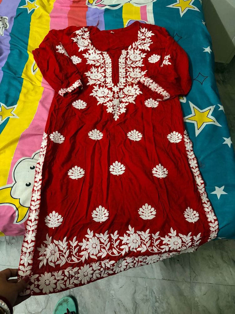 Red Kurta with White Embroidery