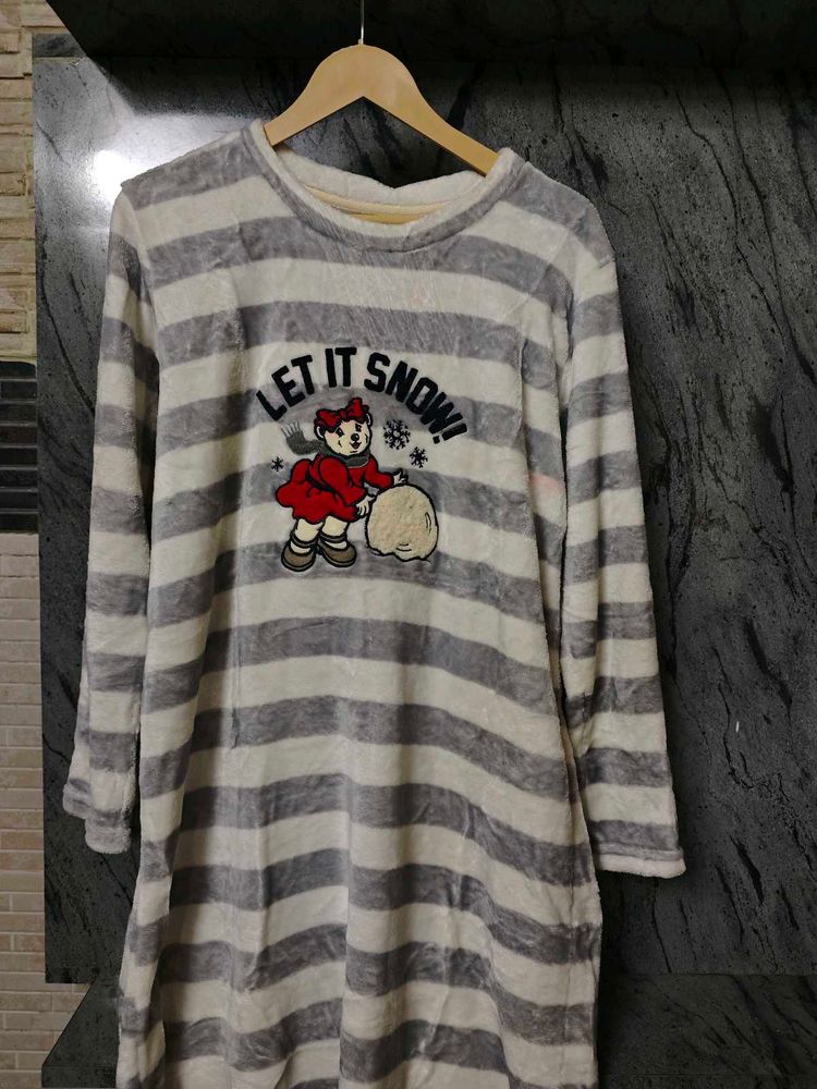Cozy Striped Sleepshirt with Cute Bear Graphic